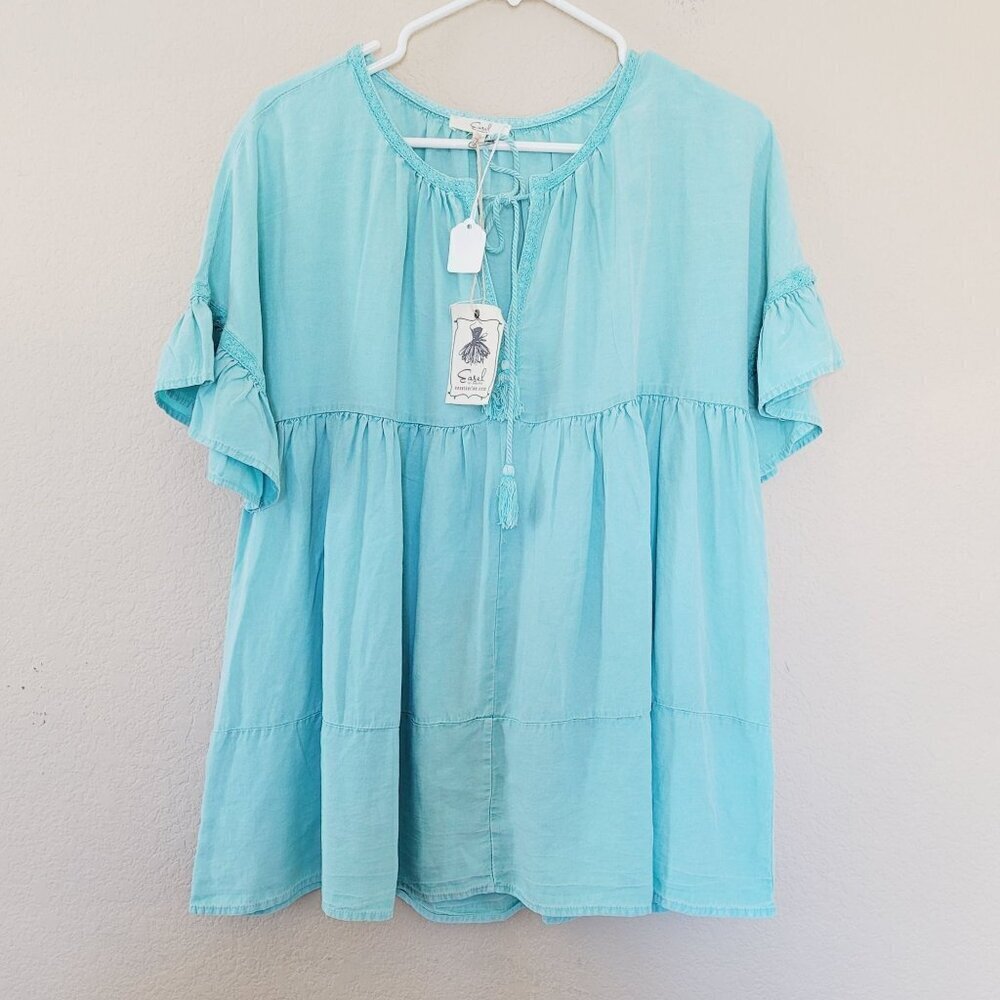 Easel Short Sleeve Top Size Small 100% Tencel Ruffle Boho Oversized Tassel Teal
